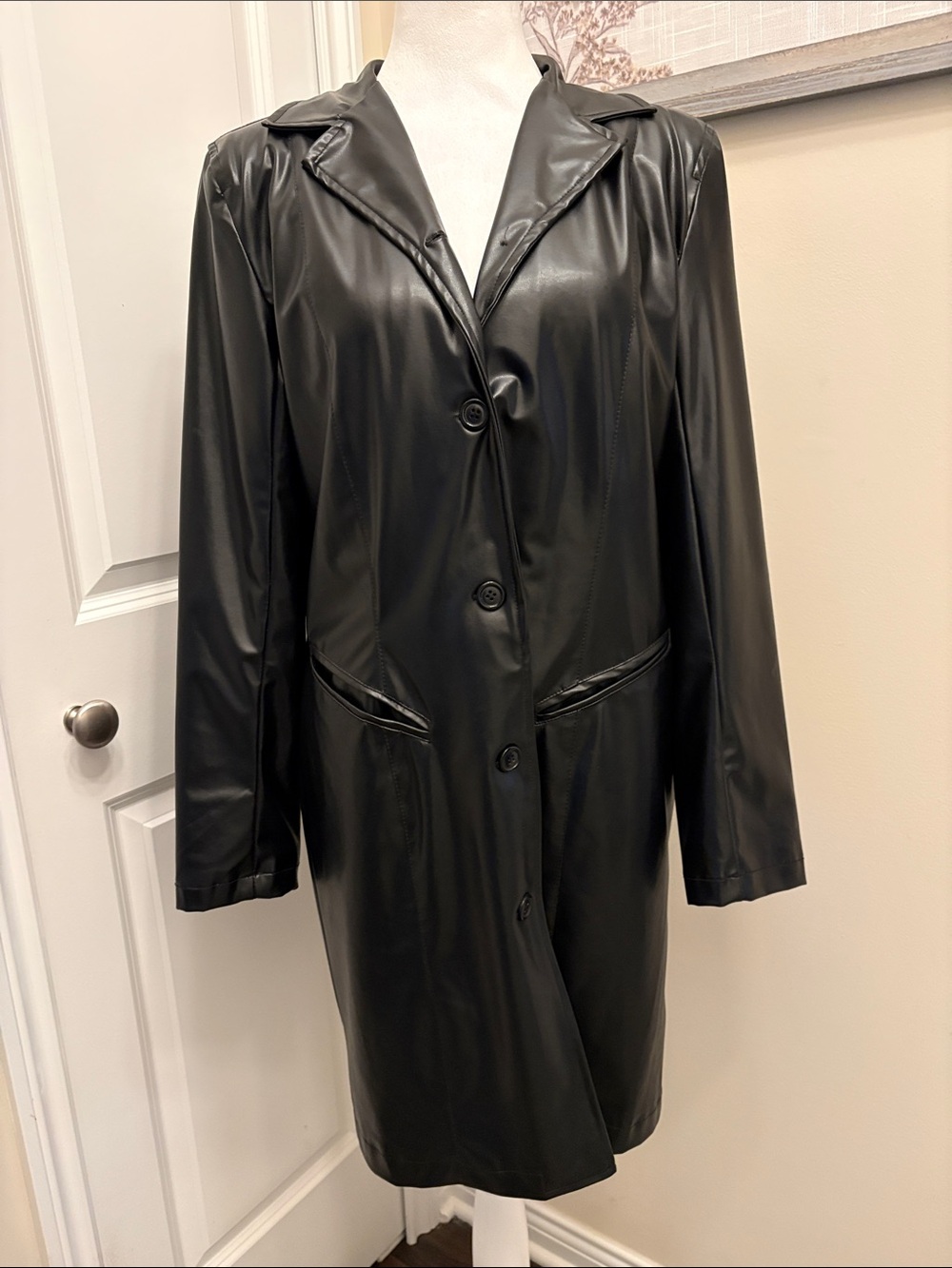 Selene Sport Black Faux Leather Trench Coat Medium